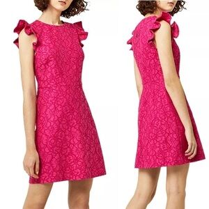 Warehouse Hot Pink Magenta Lace Frill Sleeve Cocktail Dress Barbiecore NWOT 8